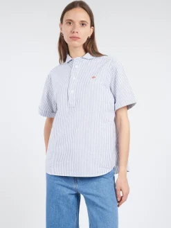 Danton - Women's Round Collar Shirt in Navy Stripe