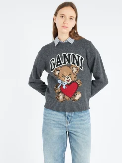 GANNI - Graphic Bear Crewneck in Gray Quill