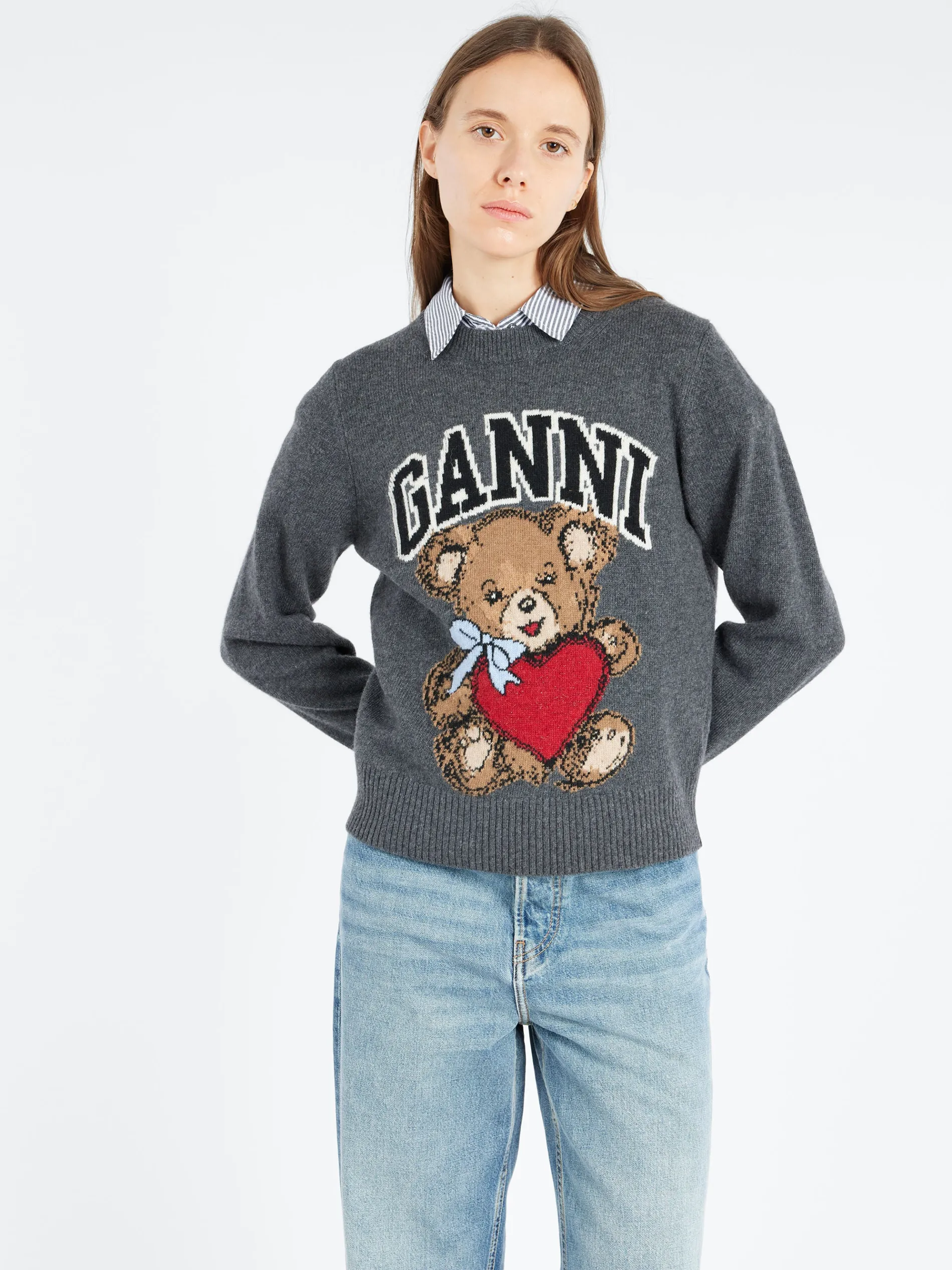 GANNI - Graphic Bear Crewneck in Gray Quill