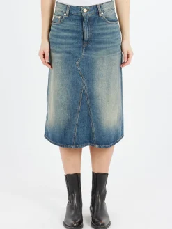 GANNI - Heavy Washed Denim Midi Skirt in Mid Blue Vintage