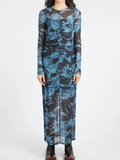 GANNI - Printed Mesh Dress in Blue Shadow