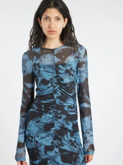GANNI - Printed Mesh Dress in Blue Shadow