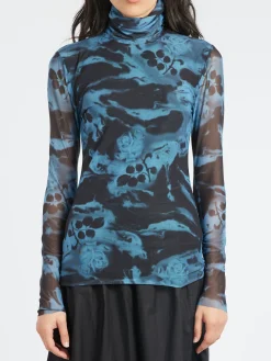 GANNI - Printed Mesh L/S Rollneck in Blue Shadow