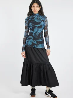 GANNI - Printed Mesh L/S Rollneck in Blue Shadow
