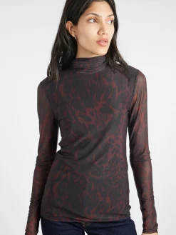 GANNI - Printed Mesh L/S Rollneck in Bitter Chocolate