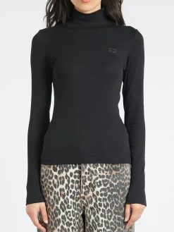 GANNI - Rib Long Sleeve T-Shirt in Black