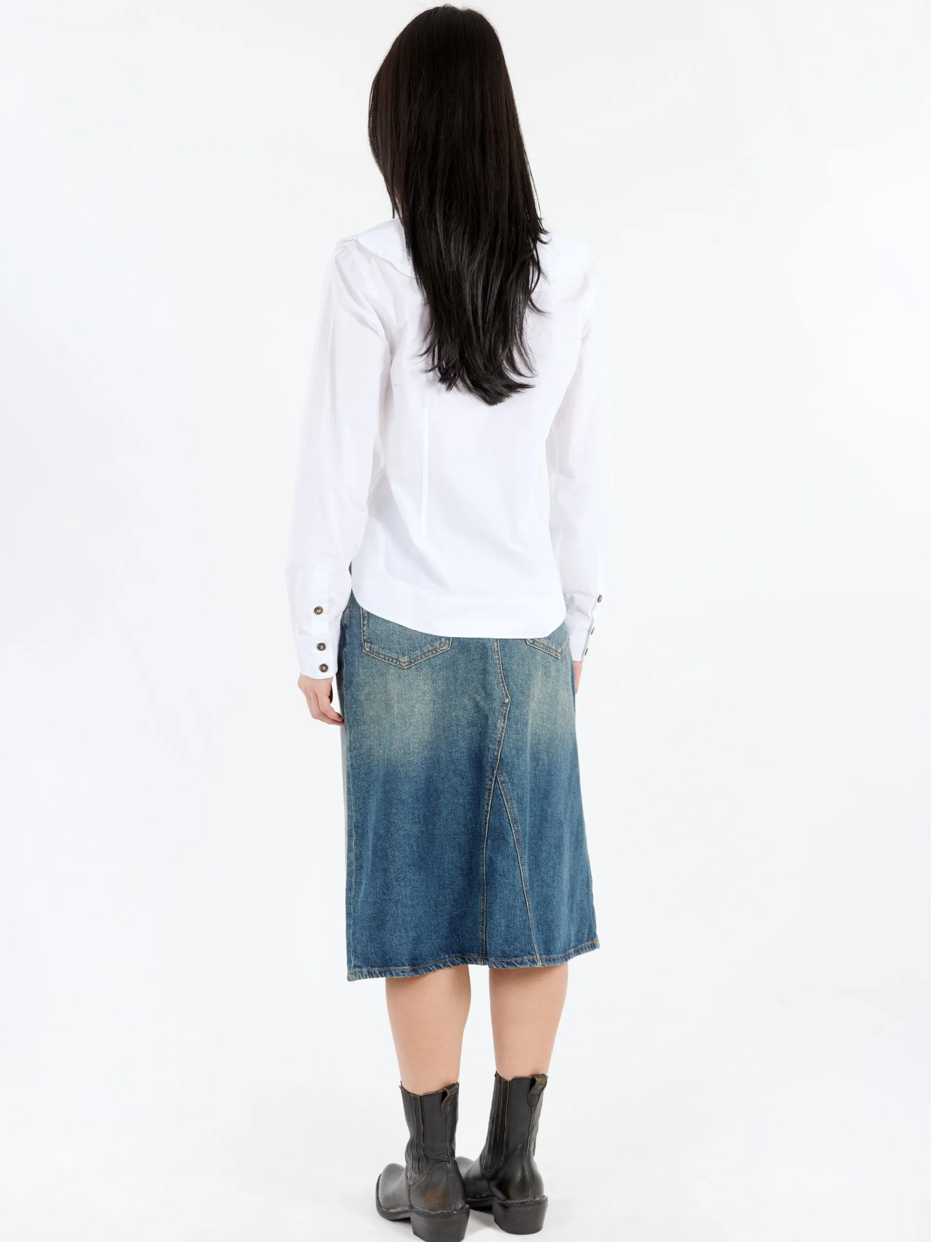 GANNI - V-Neck Frill Collar Shirt in Bright White