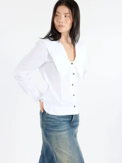 GANNI - V-Neck Frill Collar Shirt in Bright White