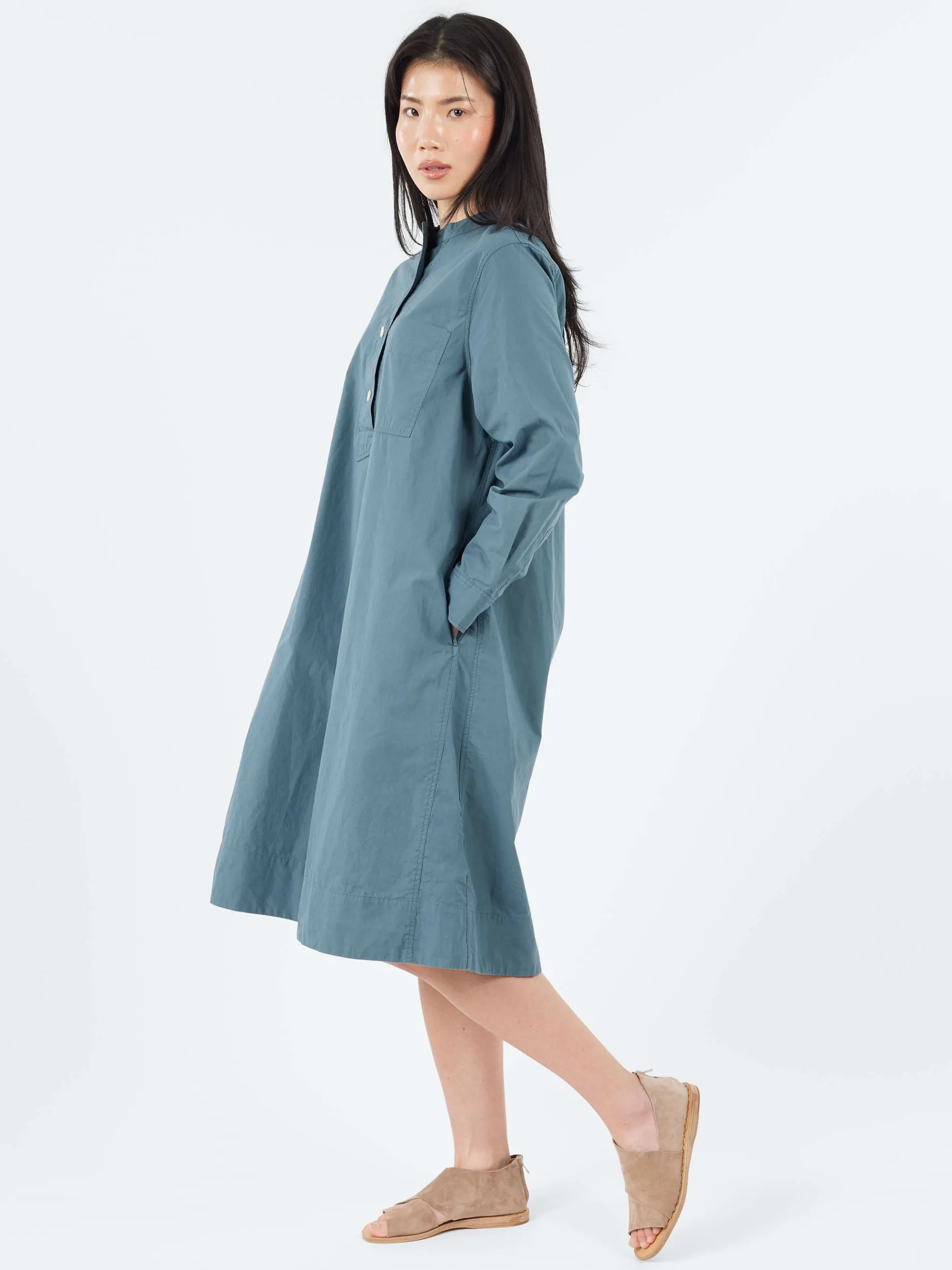Margaret Howell - MHL Collarless Swing Dress in Mineral Blue