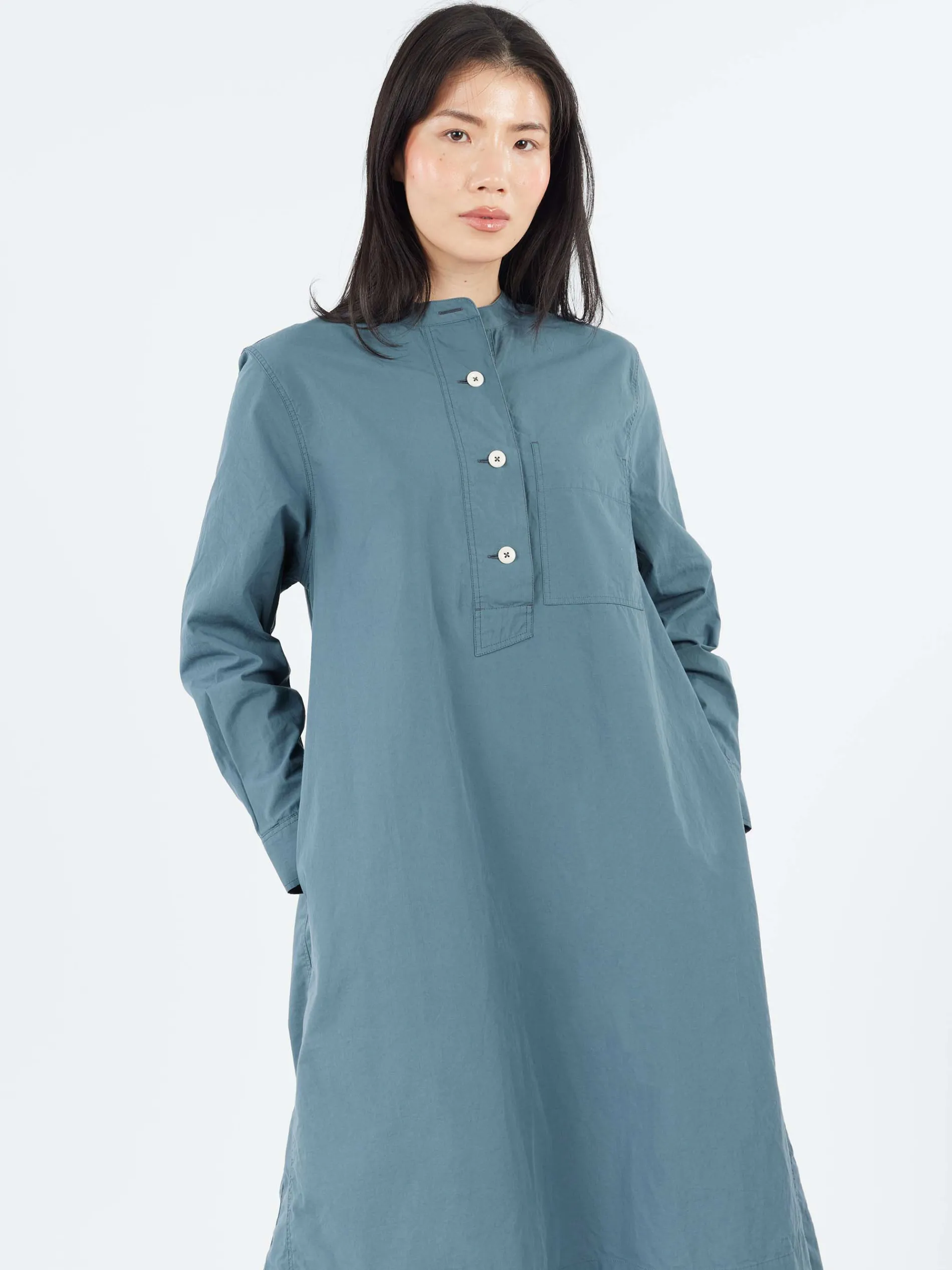 Margaret Howell - MHL Collarless Swing Dress in Mineral Blue