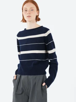 Margaret Howell - Striped Roll Edge Jumper in Ink and Mother Of Pearl