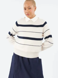 Margaret Howell - Striped Roll Edge Jumper in Mother of Pearl and Ink