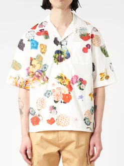 Marni - Bowling Shirt with Flower Prints in Lily White