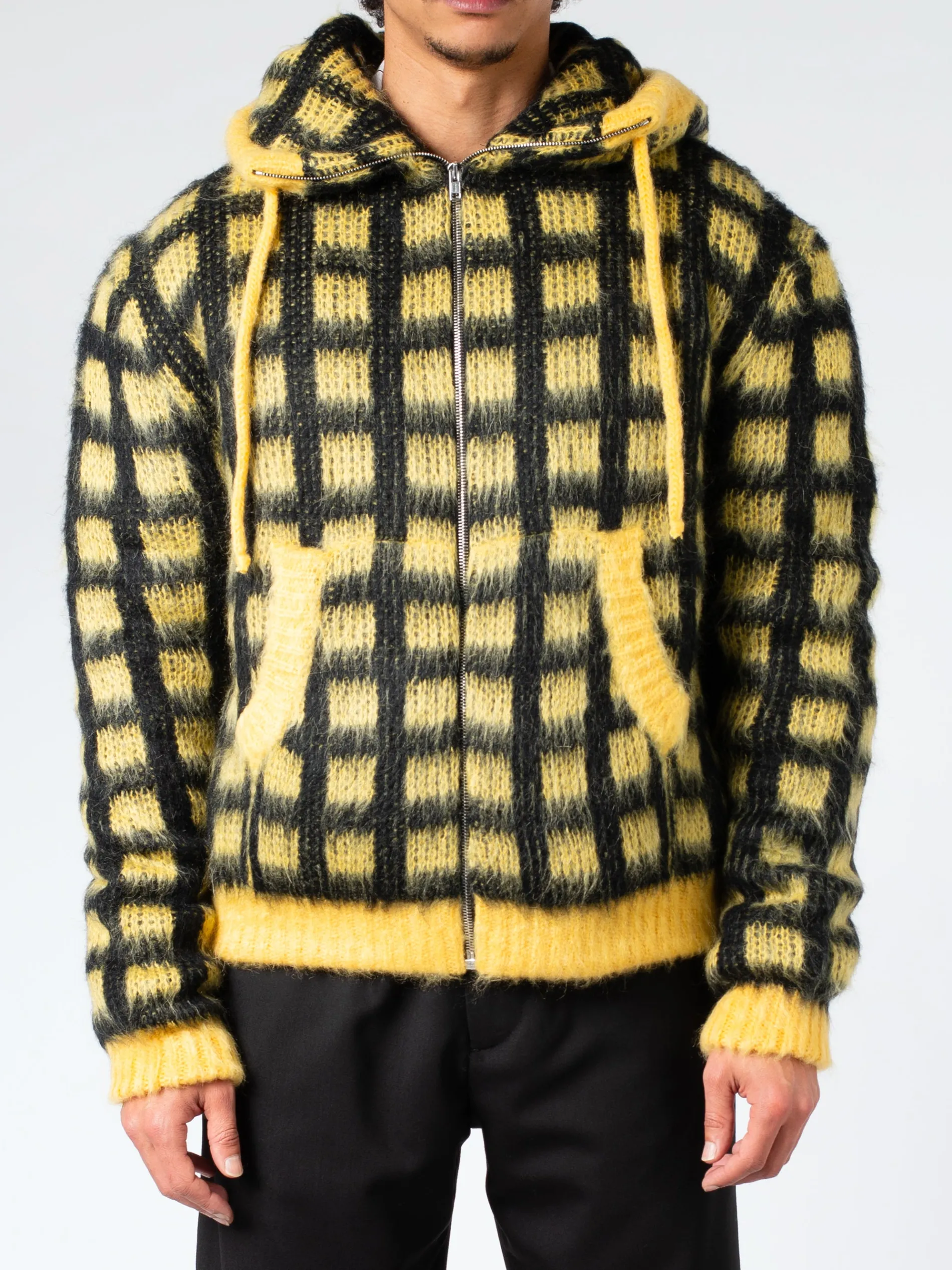 Marni - Checked Mohair Hooded Cardigan in Maize