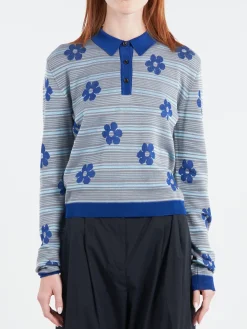 Marni - Floral Striped Polo in Mazarine Blue