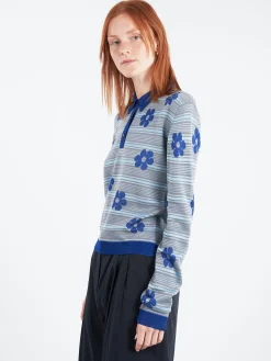 Marni - Floral Striped Polo in Mazarine Blue