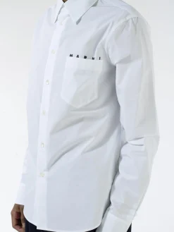 Marni - Logo Print Poplin Bowling Shirt in Lily White