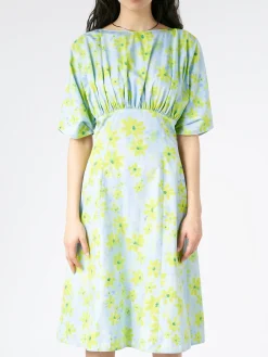 Marni - Poplin Gathered Dress with Parade Print in Aquamarine