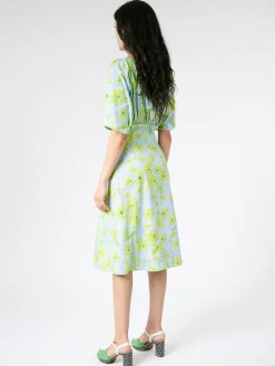 Marni - Poplin Gathered Dress with Parade Print in Aquamarine