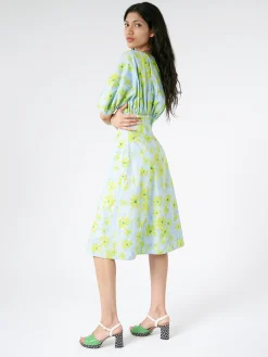 Marni - Poplin Gathered Dress with Parade Print in Aquamarine