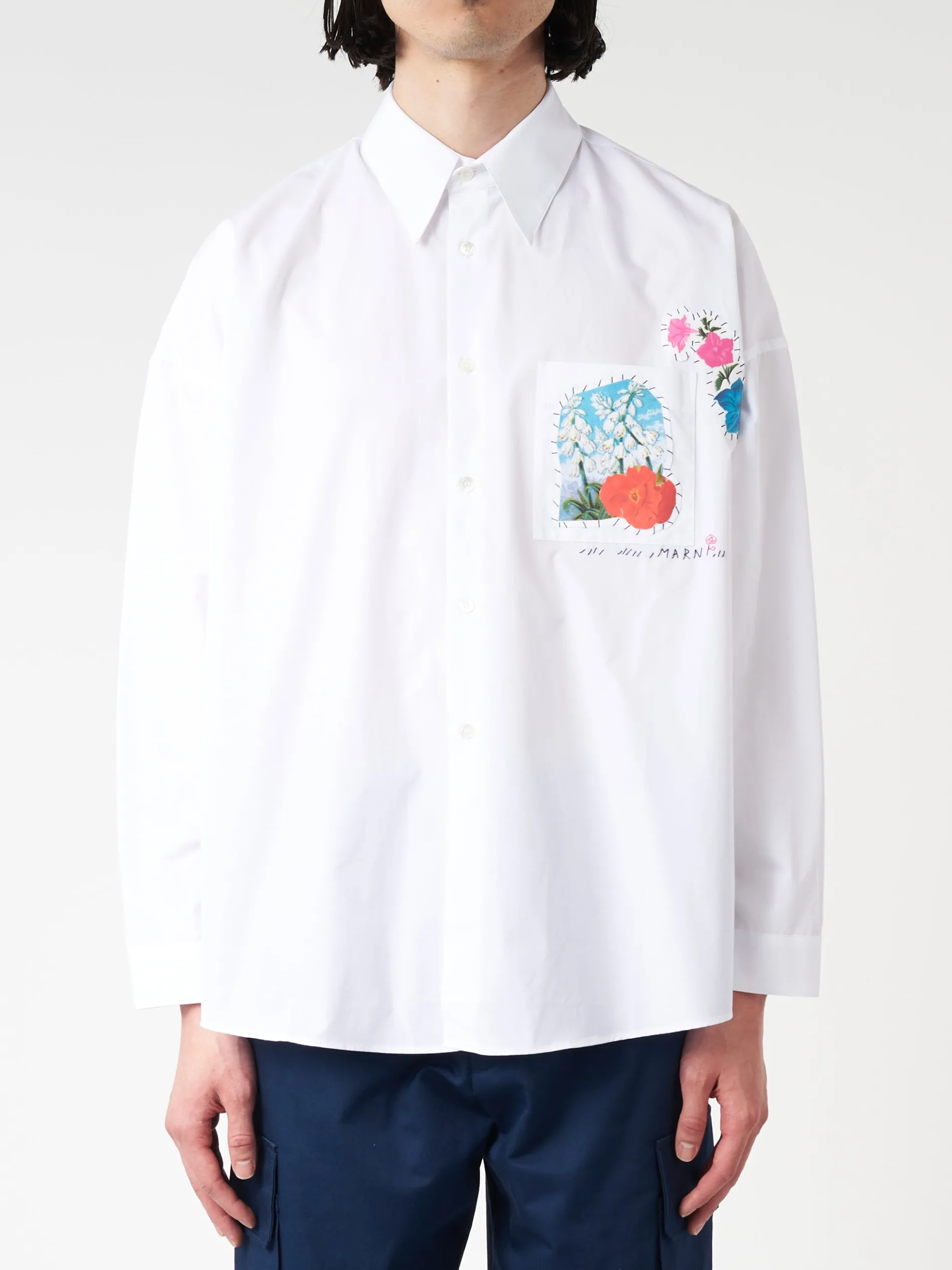 Marni - Poplin Shirt with Flower Patches in Lily White
