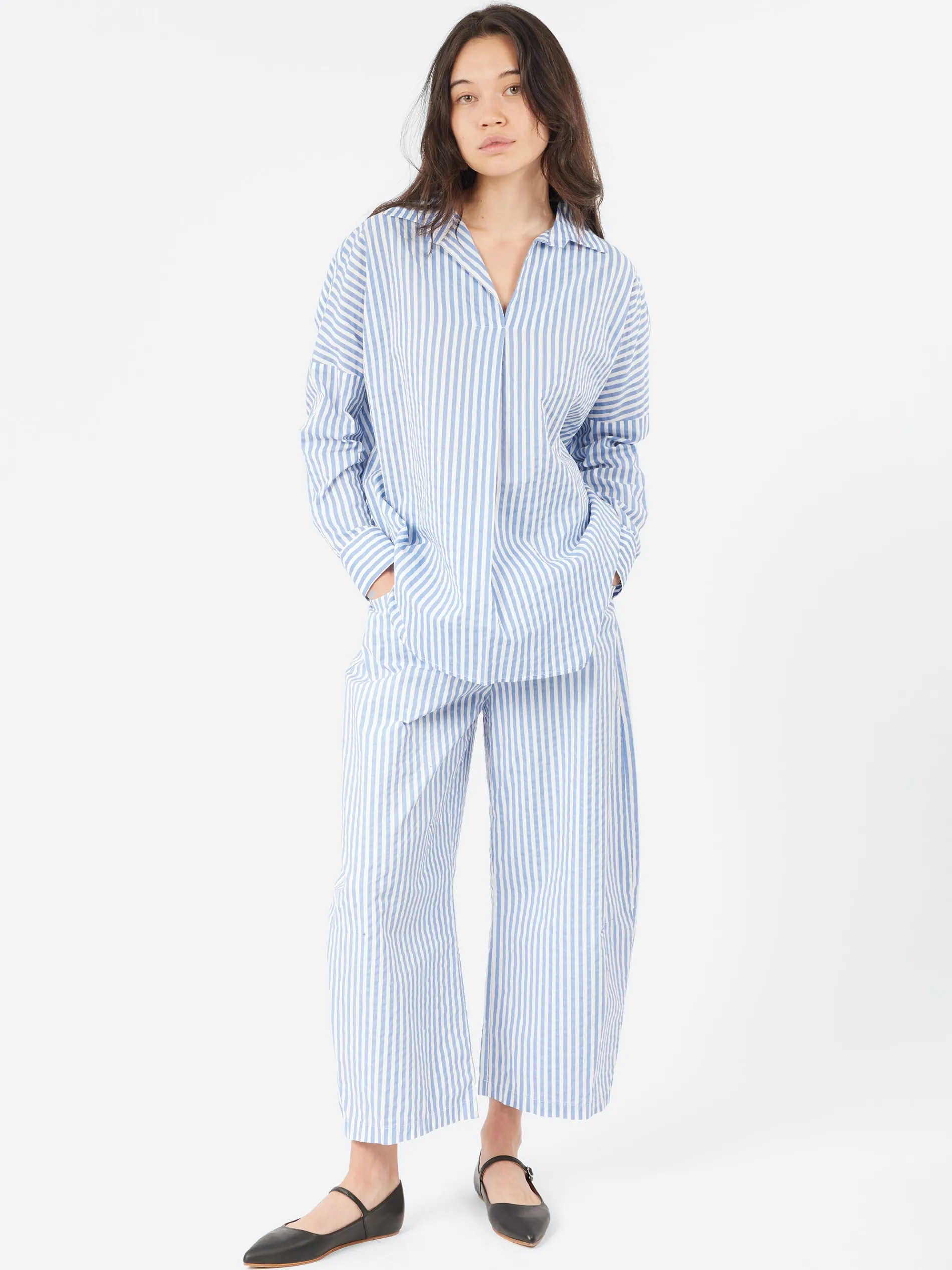 Neirami - Over V-Neck Blouse in Riga Sky