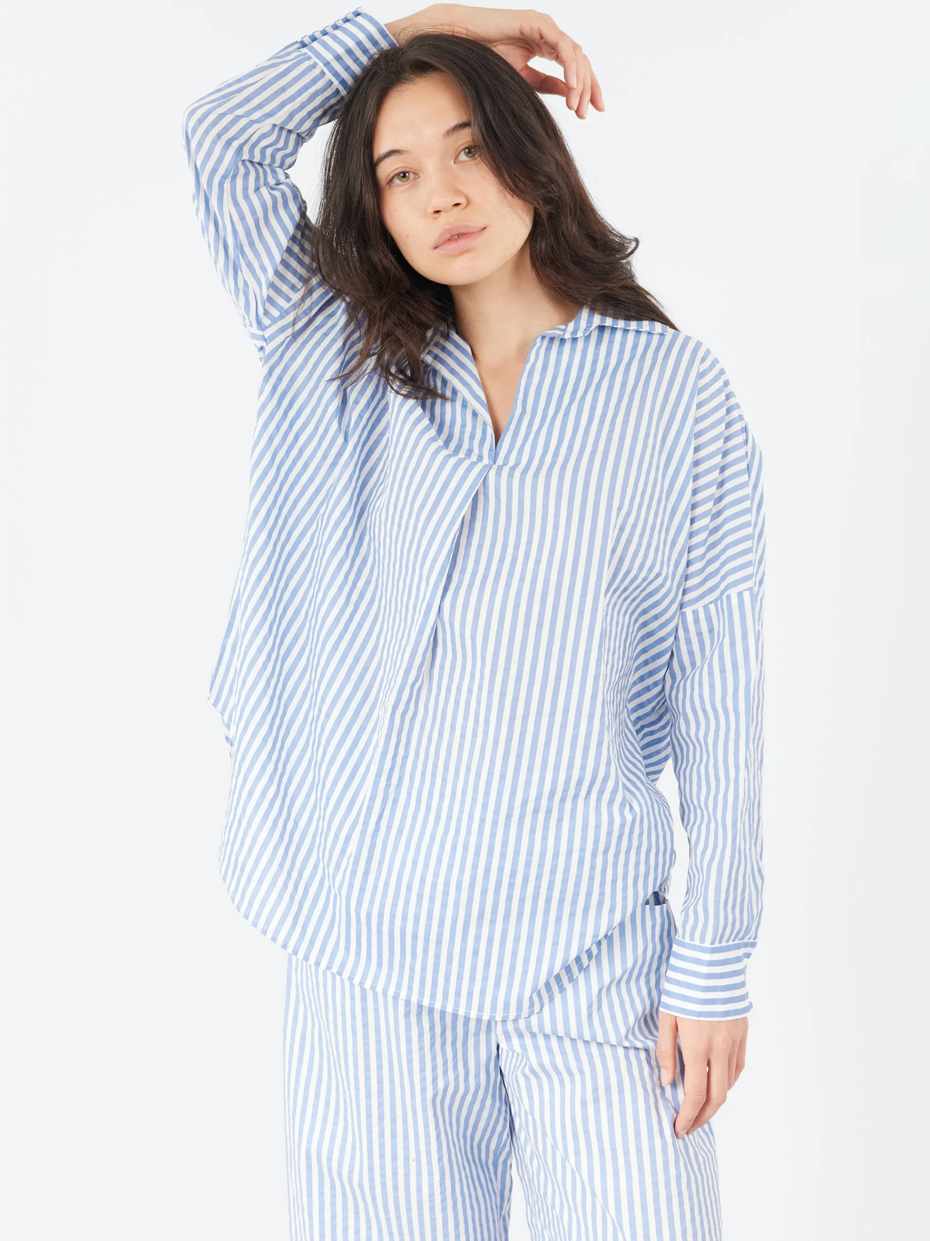 Neirami - Over V-Neck Blouse in Riga Sky