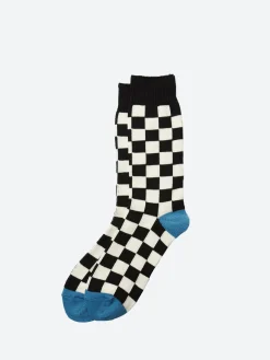ROTOTO - Checkerboard Crew Sock in Black/Blue