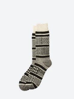 ROTOTO - Multi Jacquard Crew Sock in Ivory/Black