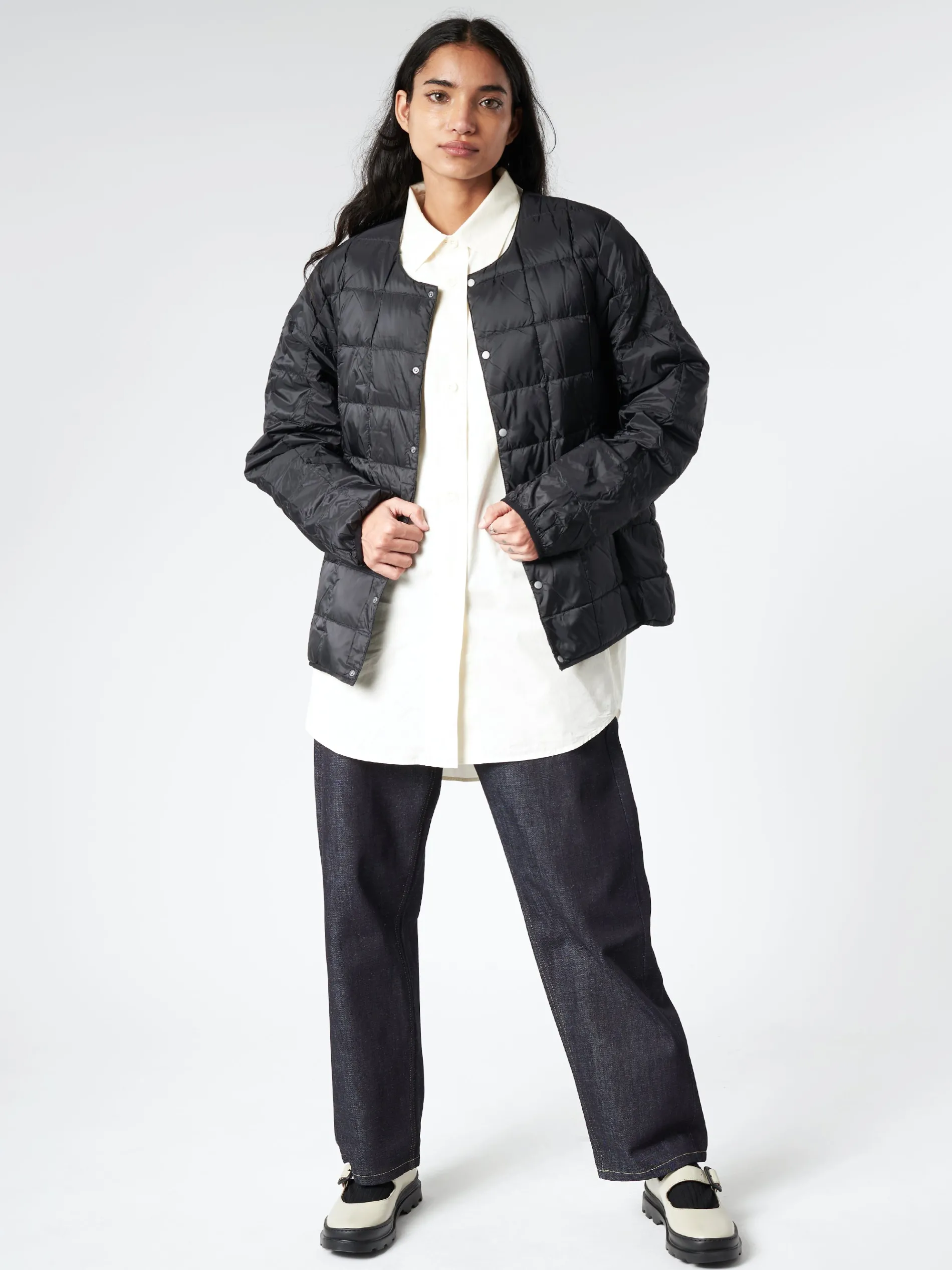 TAION - Crew Neck Button Down Jacket in Black