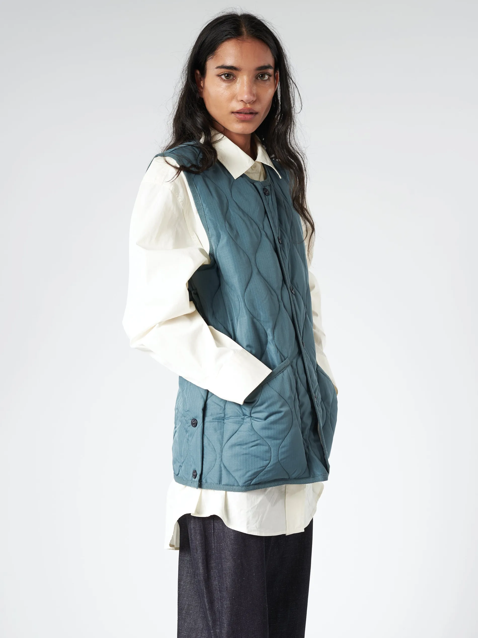 TAION - Military Crew Neck Down Vest in Dark Green