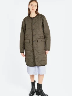 TAION - Piping Crew Neck Long Down Coat in Dark Olive