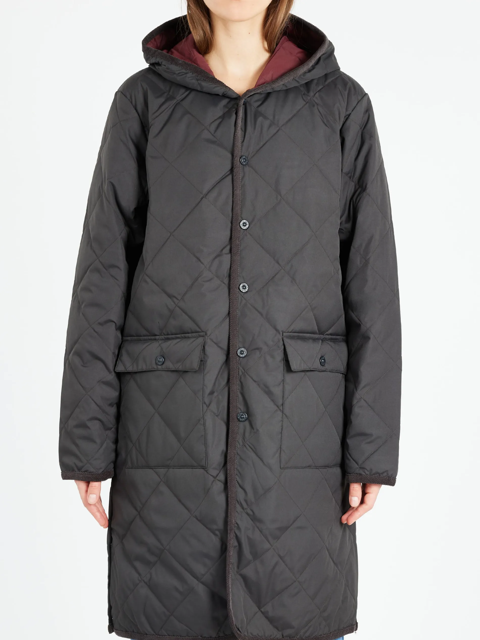 Taion - Piping Hood Long Down Coat in Dark Charcoal