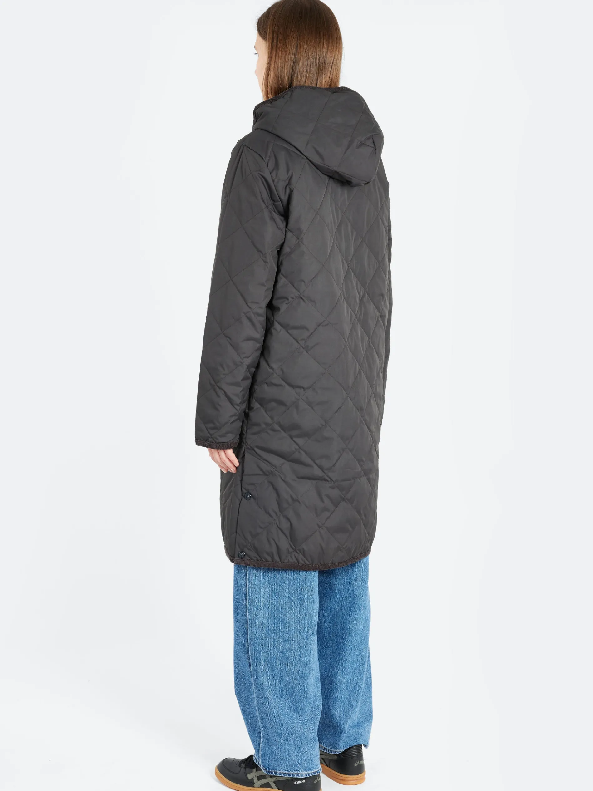 Taion - Piping Hood Long Down Coat in Dark Charcoal
