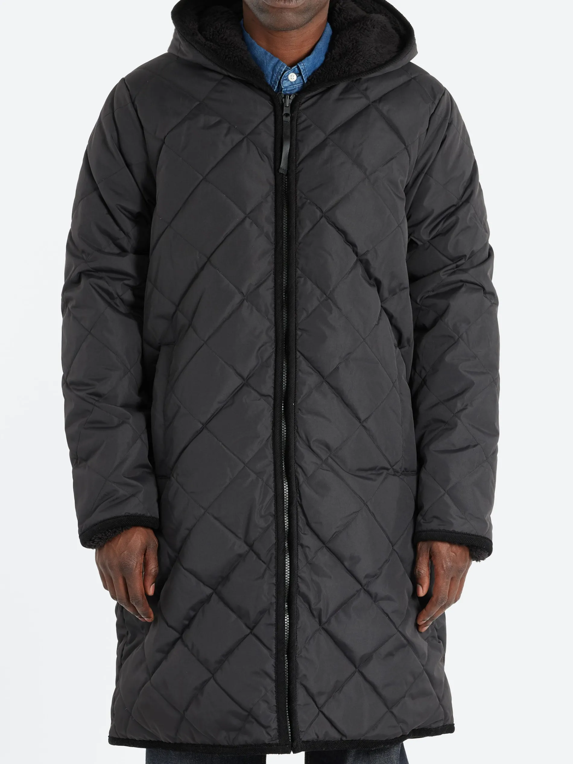 TAION - Reversible Piping Hood Long Coat in Black