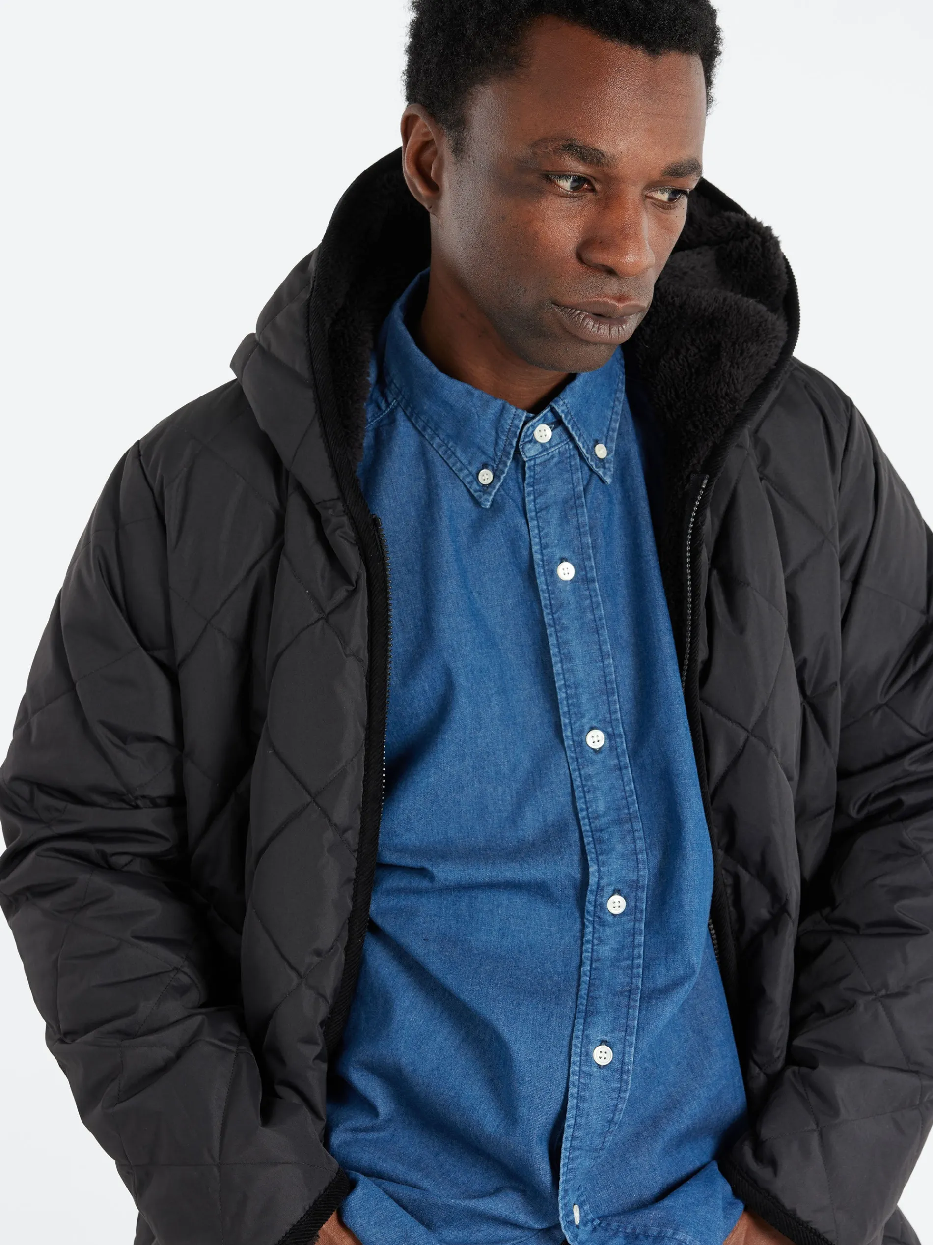 TAION - Reversible Piping Hood Long Coat in Black