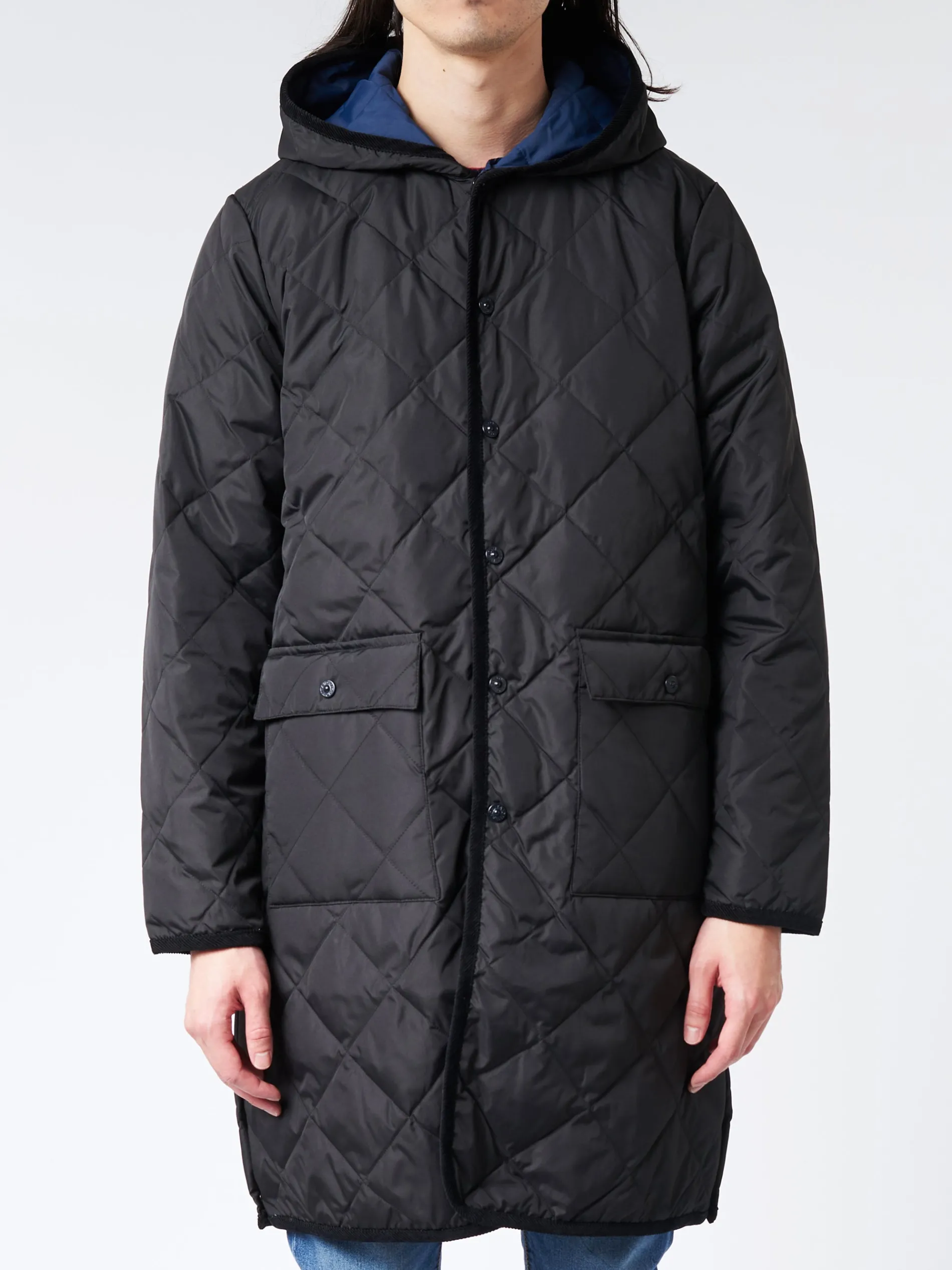 Taion - Unisex Piping Hood Long Down Coat in Black