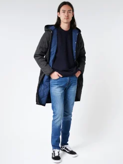 Taion - Unisex Piping Hood Long Down Coat in Black