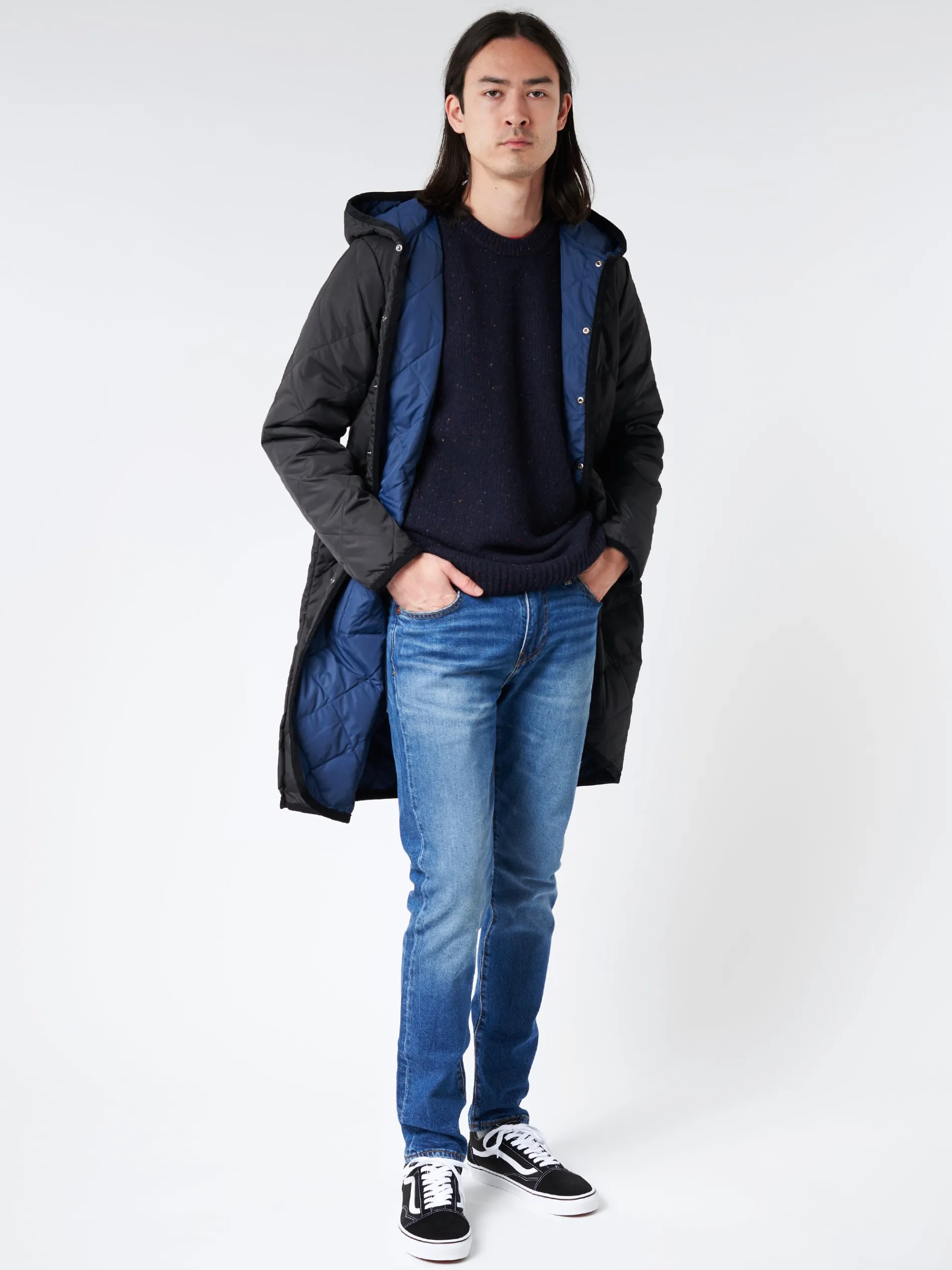 Taion - Unisex Piping Hood Long Down Coat in Black