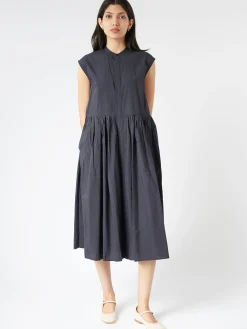 Toujours - Pleated Shirt Dress in Black Navy