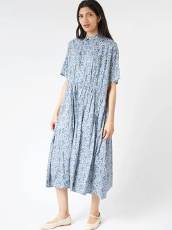 Toujours - Short Sleeve Gathered Dress in Blue Liberty Floral