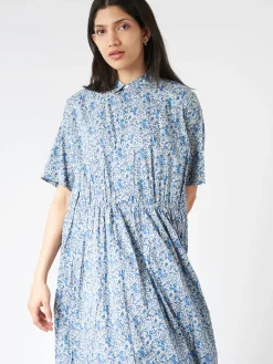Toujours - Short Sleeve Gathered Dress in Blue Liberty Floral