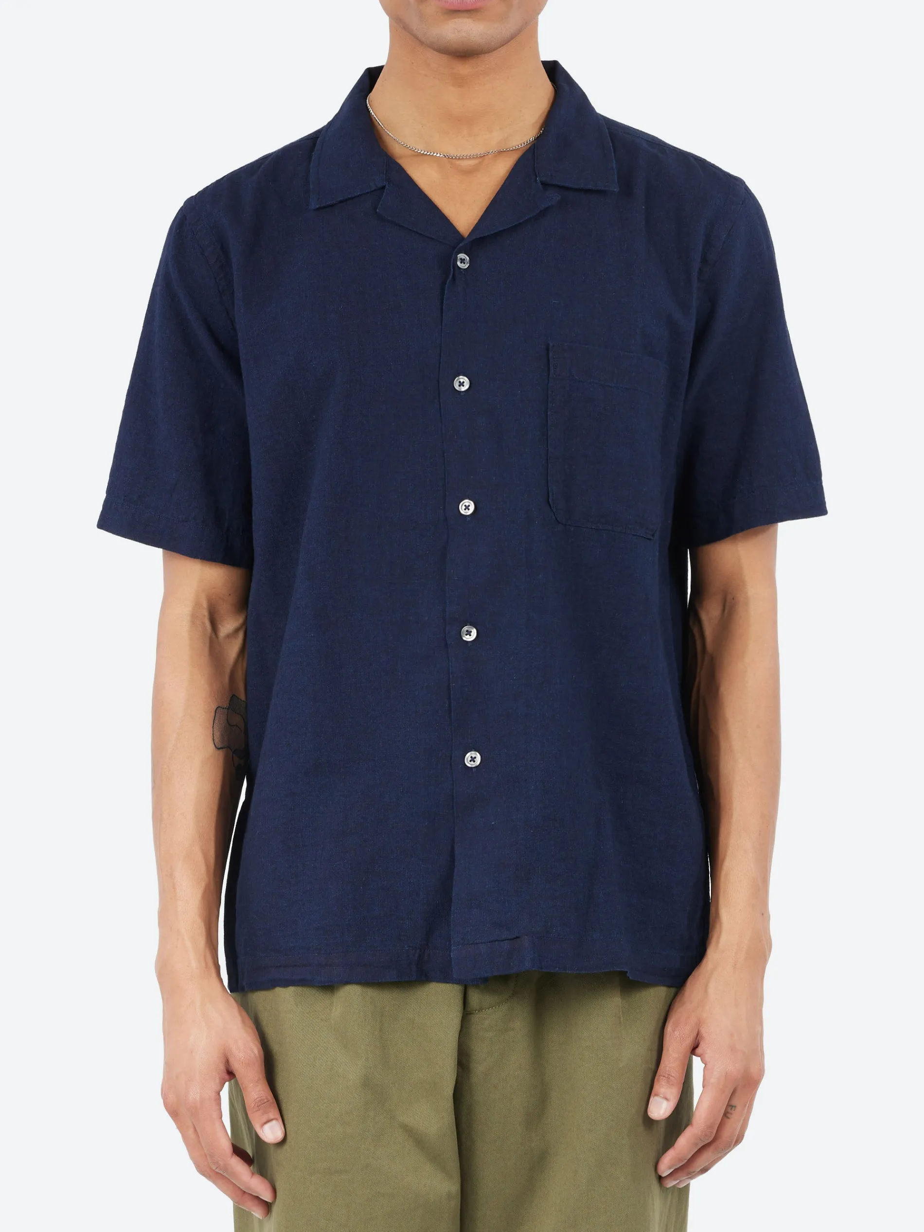 Universal Works - Road Shirt in Indigo Ori Linen Mix