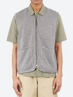 Universal Works - Zip Gilet in Brown and Sky Gingham