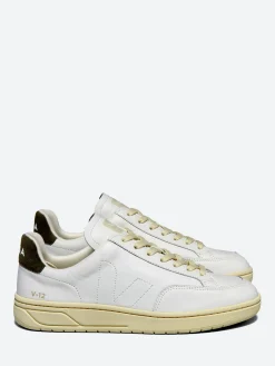 Veja - V-12 Stitch Leather in White and Khaki