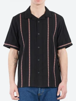 Wax London - Didcot Striped Open Dobby Short Sleeve Shirt in Black and Multi