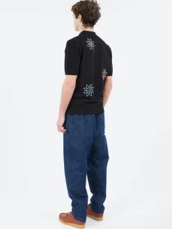 Wax London - Tellaro Embroidered Knitted Cotton Polo in Black