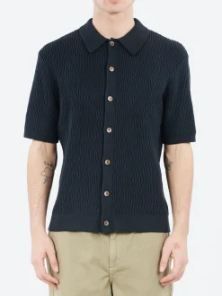 Wax London - Tellaro Honeycomb Knitted Cotton Polo Shirt in Navy